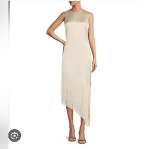 Antonio Melani Pandora Drapey Satin Fringe Asymmetrical Hem Shift Dress